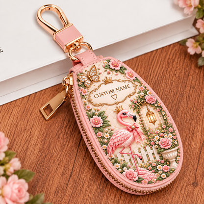 Personalized Flamingo Garden Key Pouch – Custom Name Floral Key Case