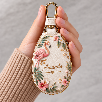 Personalized Floral Key Fob Cover – Custom Name Leather Key Holder with Nature Designs