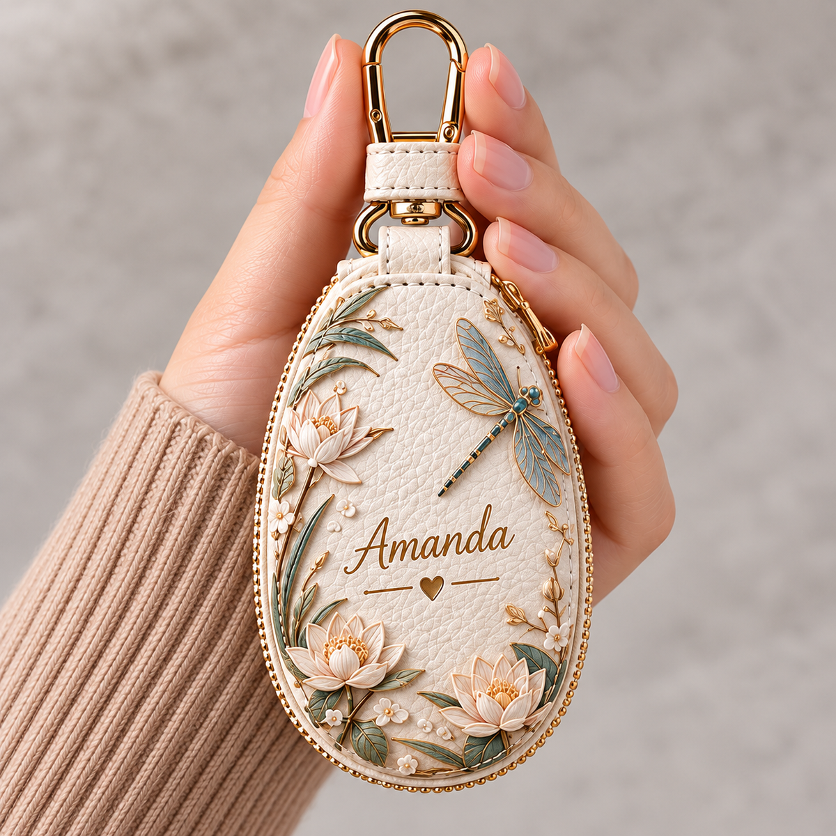 Personalized Floral Key Fob Cover – Custom Name Leather Key Holder with Nature Designs