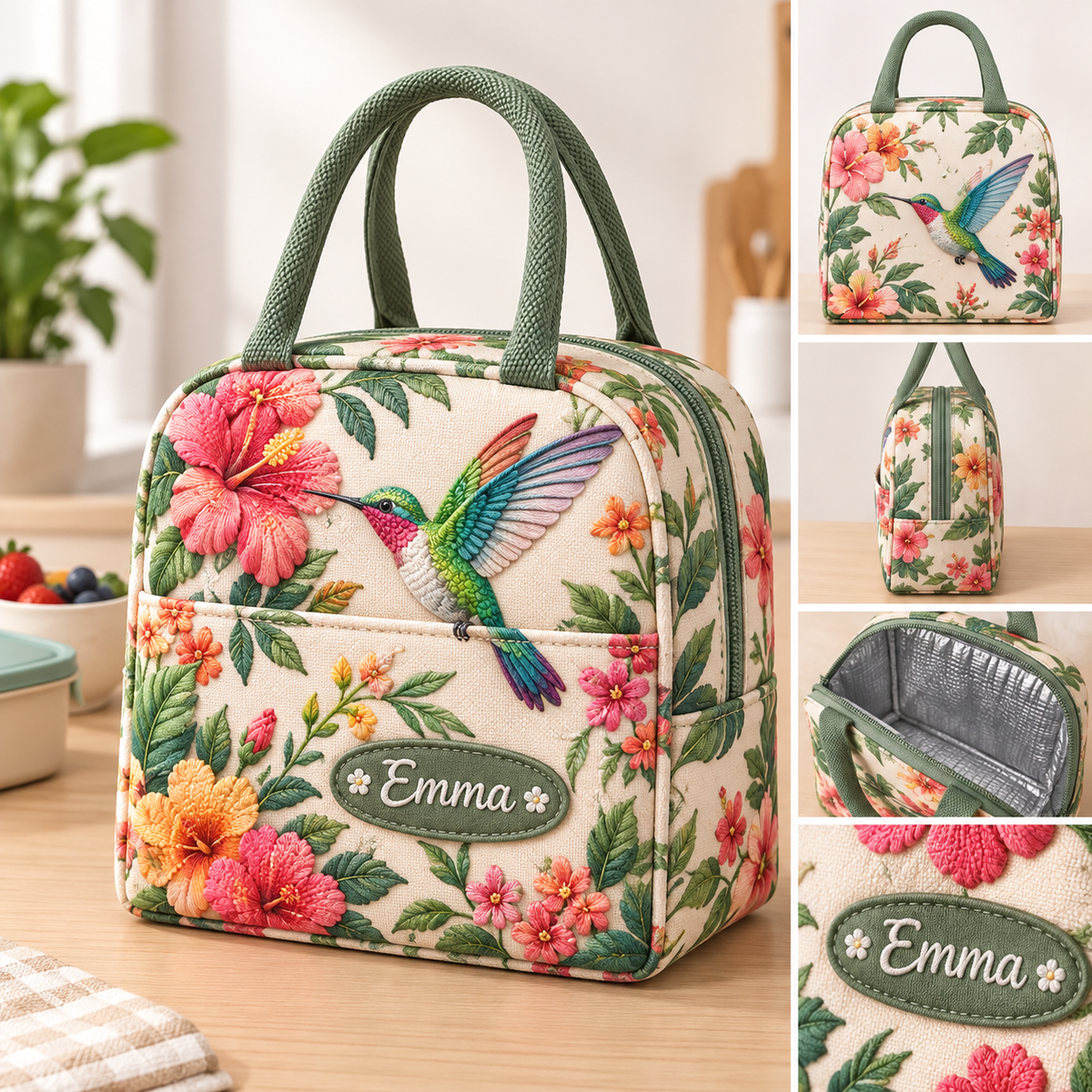 🥪Custom Name Insulated Lunch Bag 🦋 5 Floral Nature Tote Designs