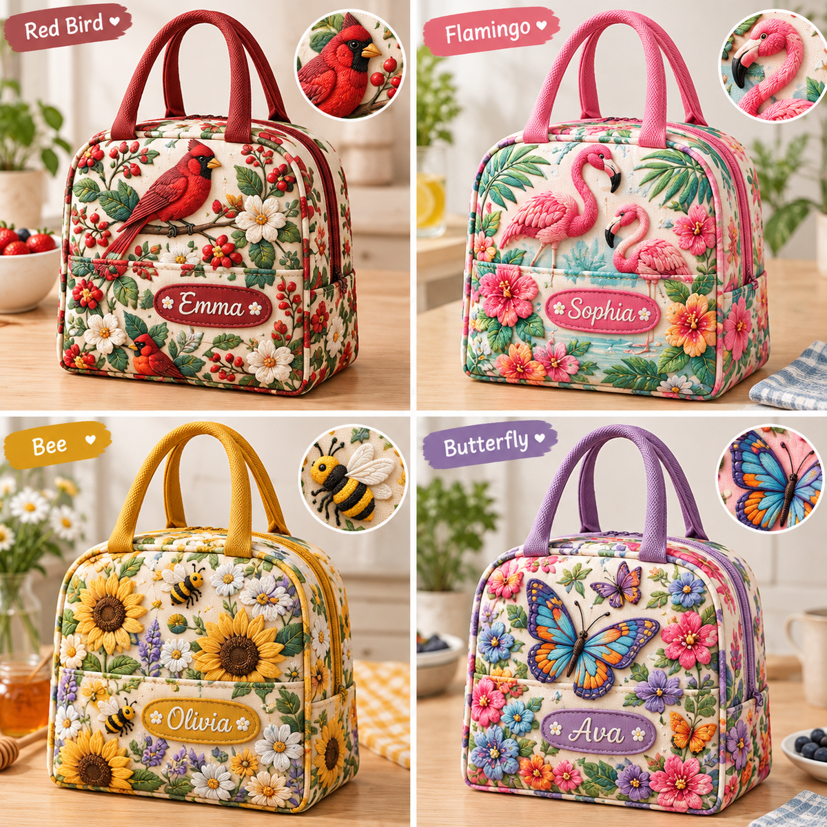 🥪Custom Name Insulated Lunch Bag 🦋 5 Floral Nature Tote Designs