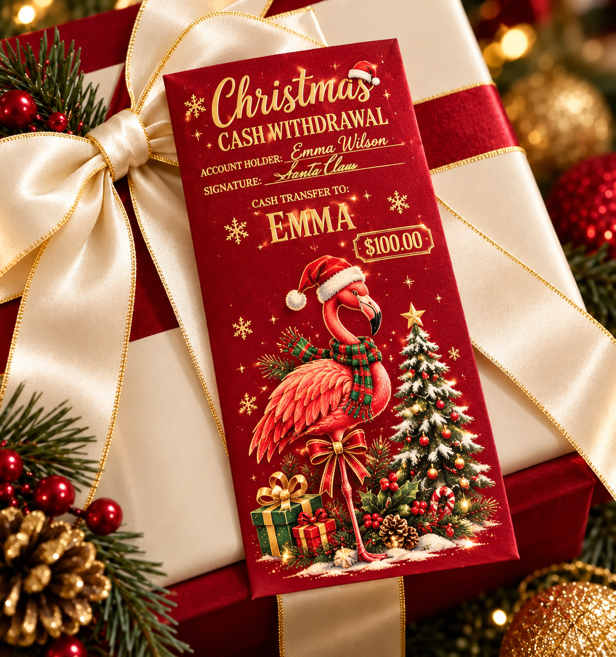 🎁 Personalized Flamingo Christmas Cash Holder, Custom Name Xmas Money Envelope 🦩🎄