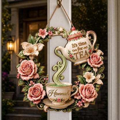 Personalized Vintage Tea Time Wooden Wreath Sign – “It’s Time for Tea” Floral Door Hanger