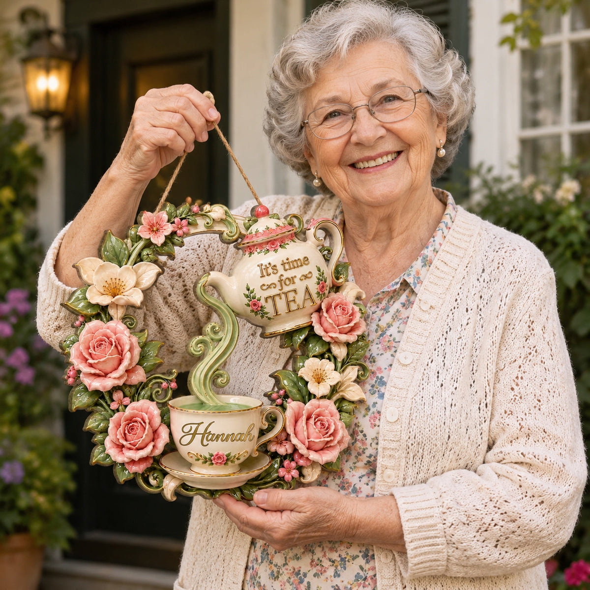 Personalized Vintage Tea Time Wooden Wreath Sign – “It’s Time for Tea” Floral Door Hanger
