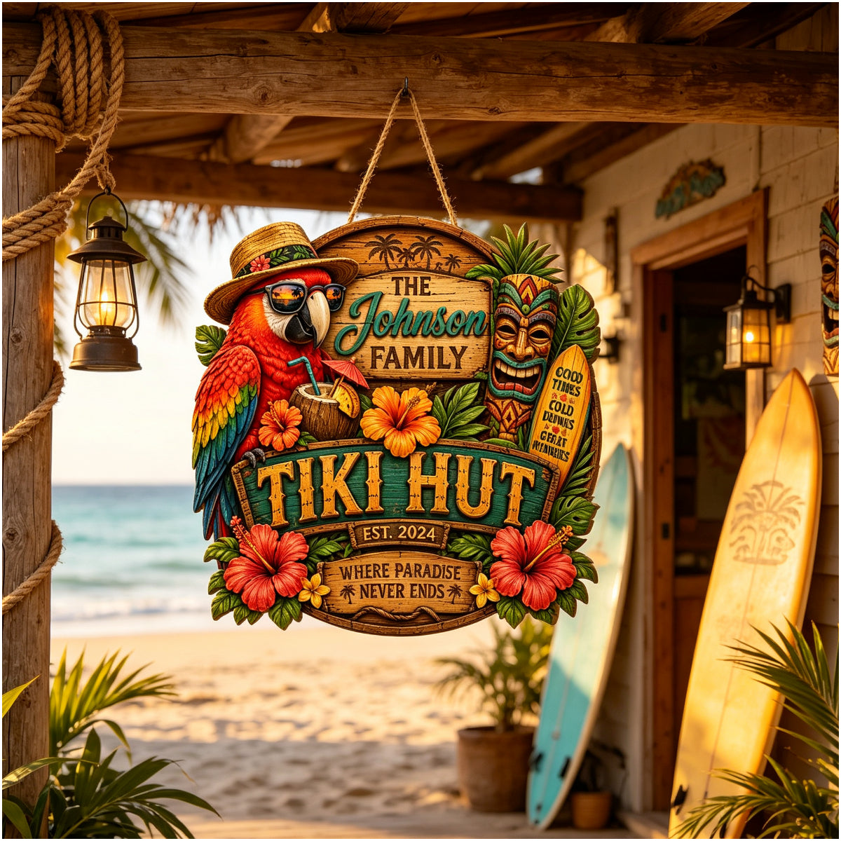 Custom Island Tiki Bar Tropical Parrot Door Hanger