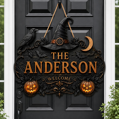 🎃Personalized Halloween Welcome Sign – Custom Family Name Witch Decor🧙‍♀️