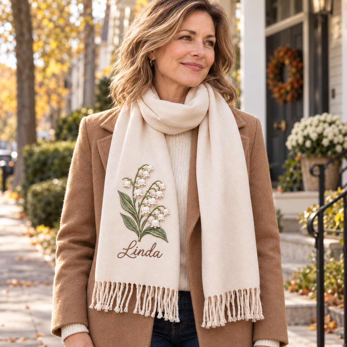 🌸 Personalized Birth Flower Scarf — A Birthday Gift with Her Name