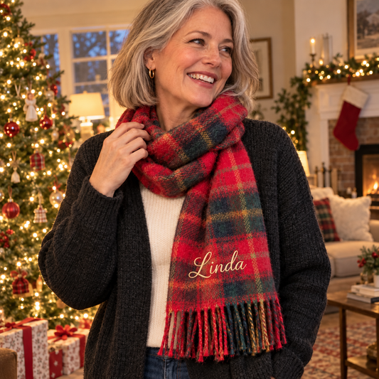 🧣 Wrapped in Her Name | Personalized Embroidered Plaid Scarf