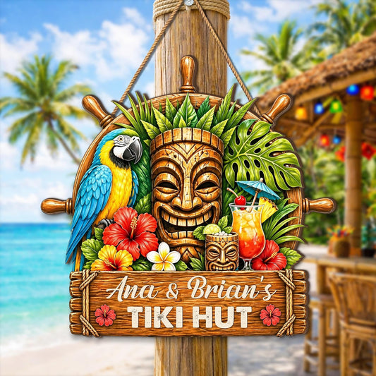 Custom Tropical Beach Bar Decor, Parrot Nautical Tiki Hut Wooden Hanging Sign