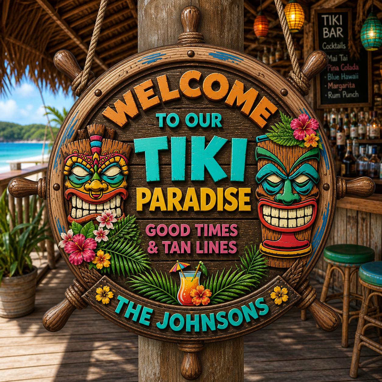 Custom Family Beach House Paradise Wooden Plaque, Hawaiian Luau Party Patio Sign