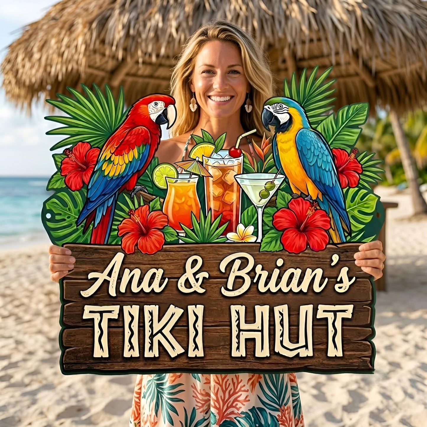 Custom Tiki Hut, Tropical Parrot Wall Metal Sign, Beach House Patio Plaque
