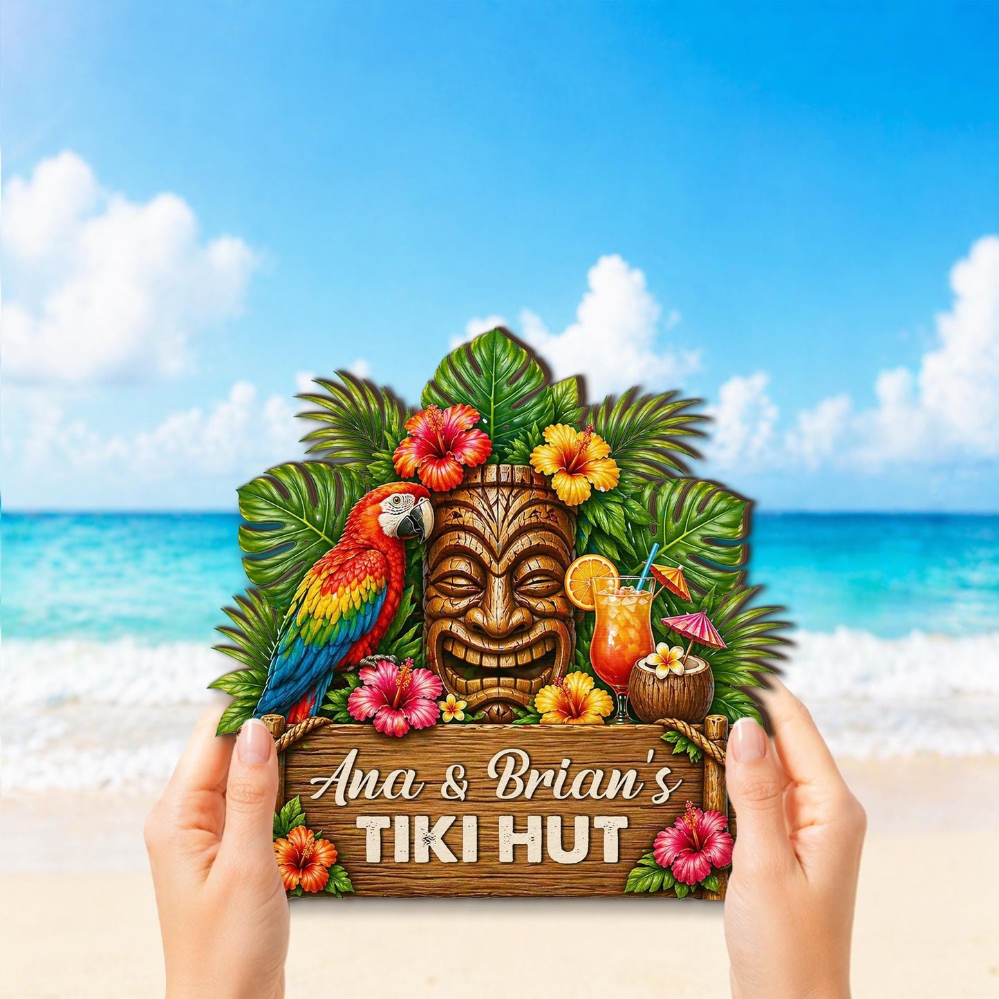 Custom Tropical Beach Tiki Bar Wooden Hanging Sign