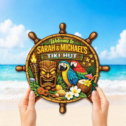 Personalized Tropical Beach Bar Wooden Sign, Parrot Tiki Mask Art