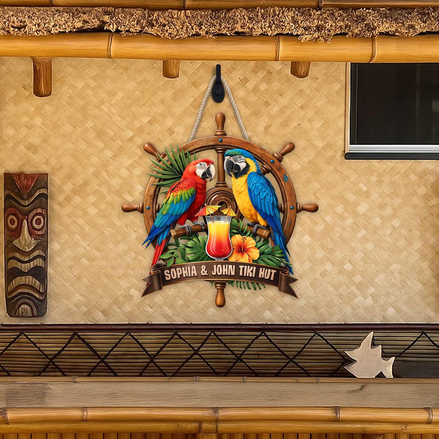 Personalized Parrot Tiki Bar Sign, Tropical Macaw Couple Summer Decor, Wooden Hanger