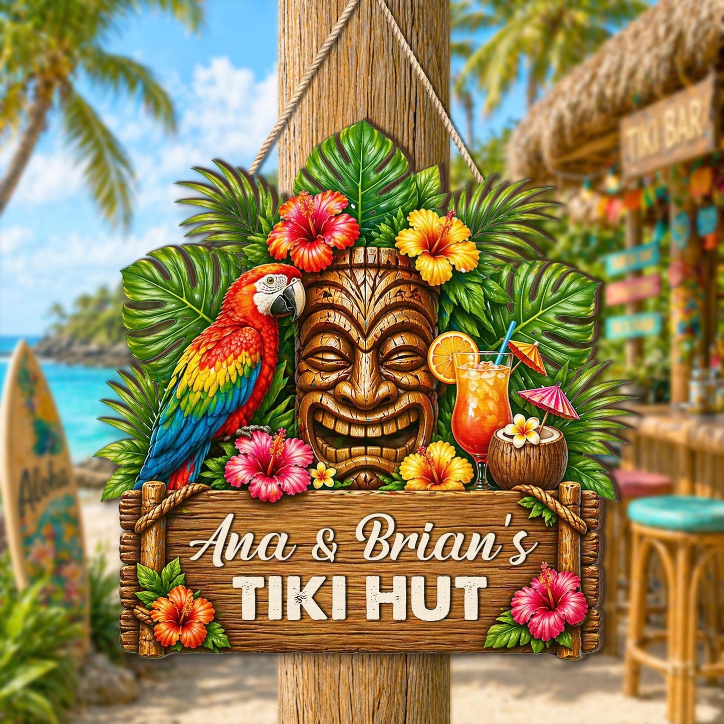 Custom Tropical Beach Tiki Bar Wooden Hanging Sign