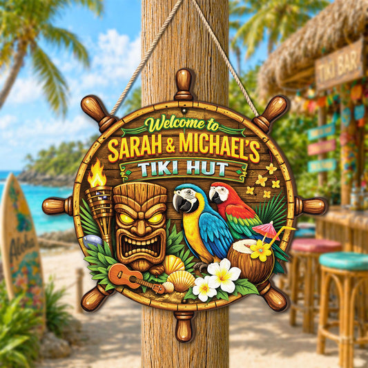 Personalized Tropical Beach Bar Wooden Sign, Parrot Tiki Mask Art