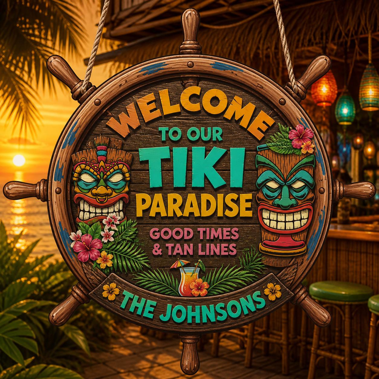 Custom Family Beach House Paradise Wooden Plaque, Hawaiian Luau Party Patio Sign