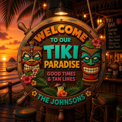 Custom Family Beach House Paradise Wooden Plaque, Hawaiian Luau Party Patio Sign