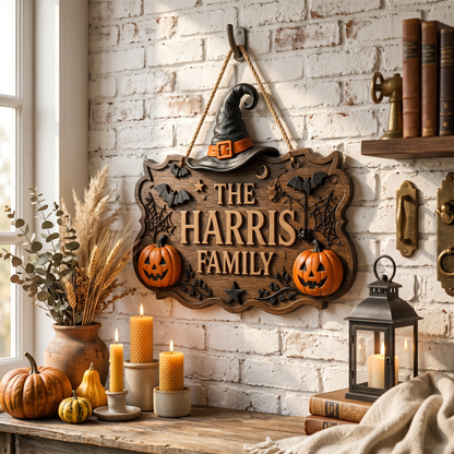 Personalized Halloween Family Name Door Sign with Witch Hat