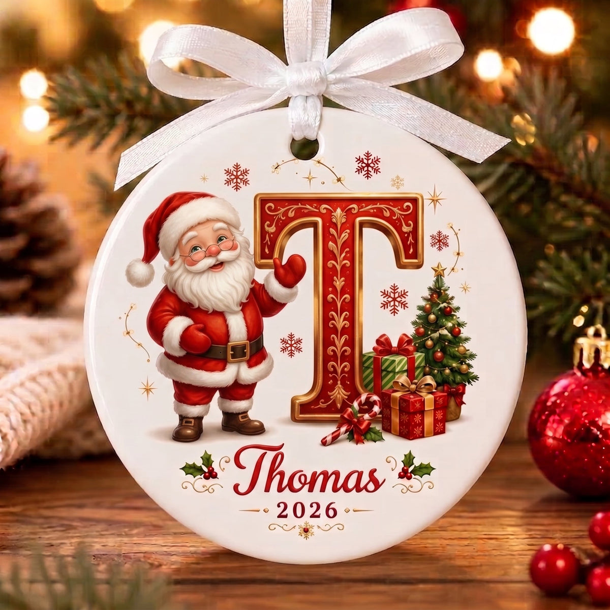🎅 Personalized Santa Initial Ornament – Custom Name Christmas Ornament 🎄✨