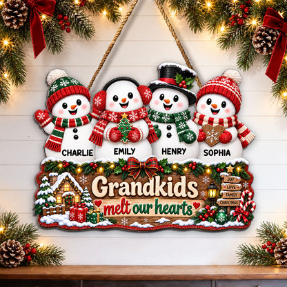 Christmas Snowman Grandkids Melts Our Hearts - Personalized Wood Sign - Christmas Decor, Door Sign For Grandparents