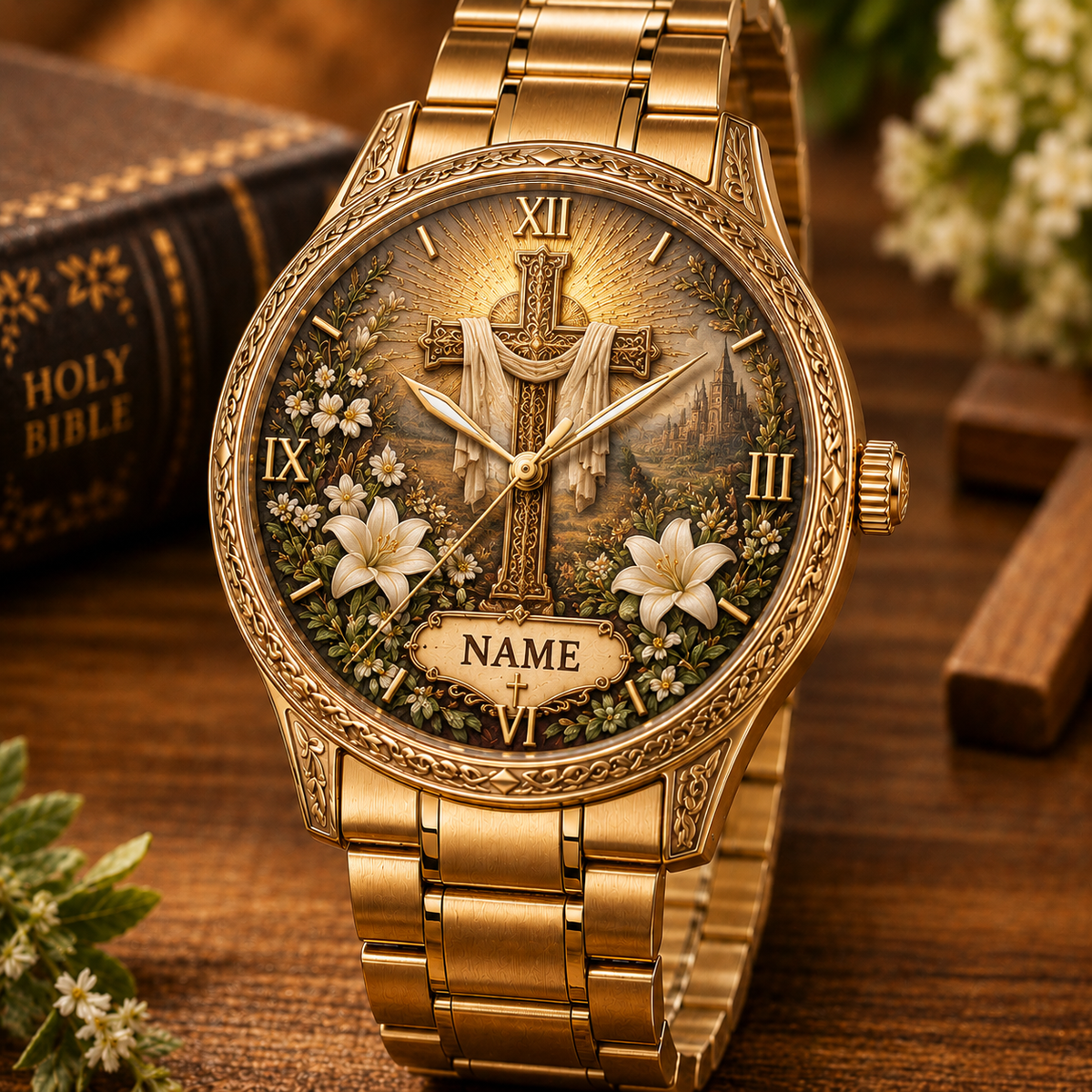 ✝️ Personalized Christian Watch – Custom Name Faith-Inspired Gold Watch