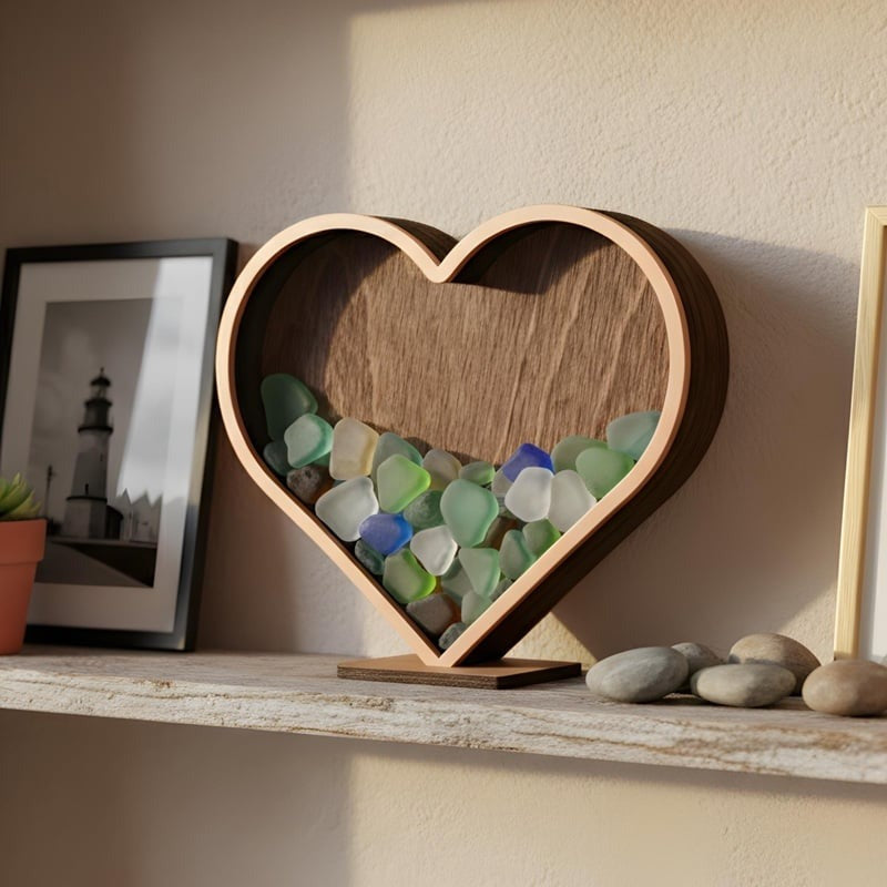 Heart Sea Glass Display Box: Coastal Decor Shadow Box