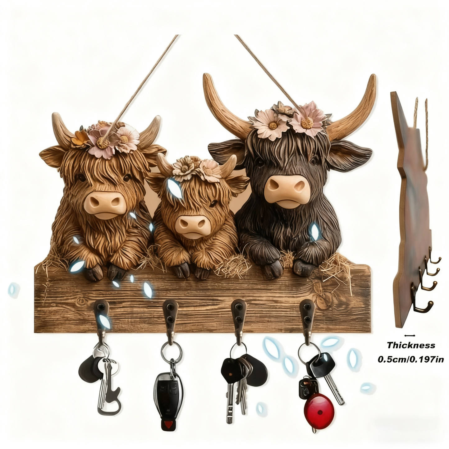 🐮2D- Rustic Highland Cow Wooden Family Key Holder Hanging Ornament with 4 Hooks