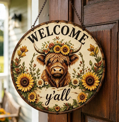 🌻🐂 Highland Cow Sunflower Welcome Sign