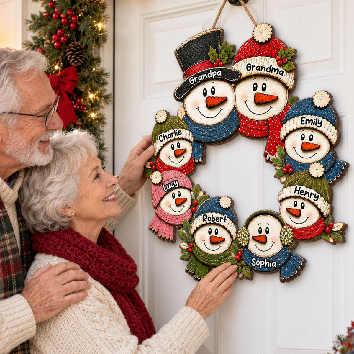 Grandpa Grandma Snowman Wreath - Personalized Wood Sign - Christmas Decoration For Porch, Window, Door