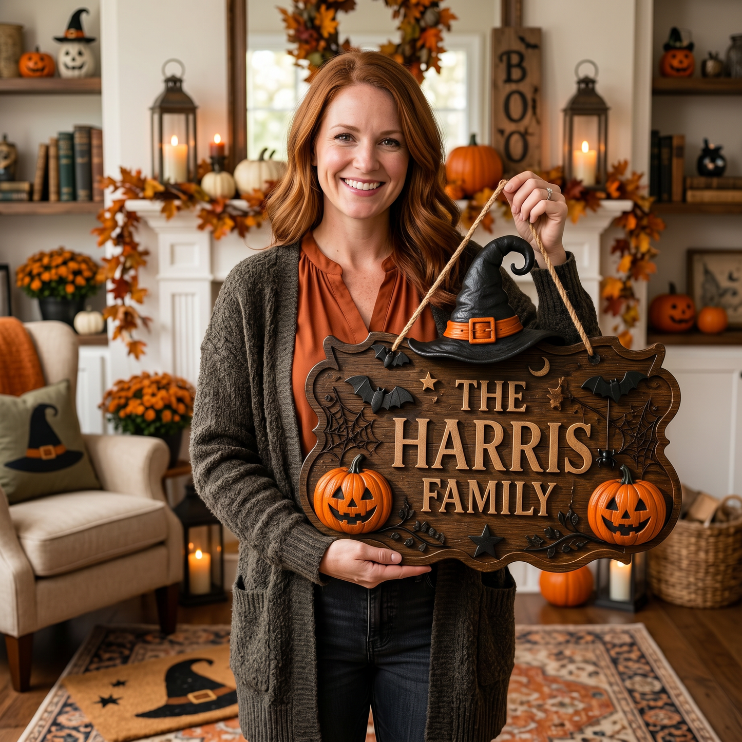 Personalized Halloween Family Name Door Sign with Witch Hat