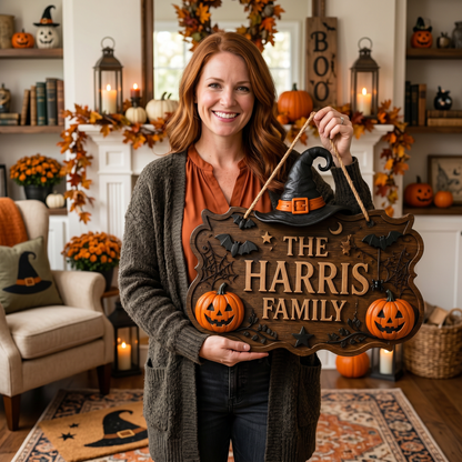 Personalized Halloween Family Name Door Sign with Witch Hat