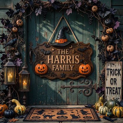 Personalized Halloween Family Name Door Sign with Witch Hat