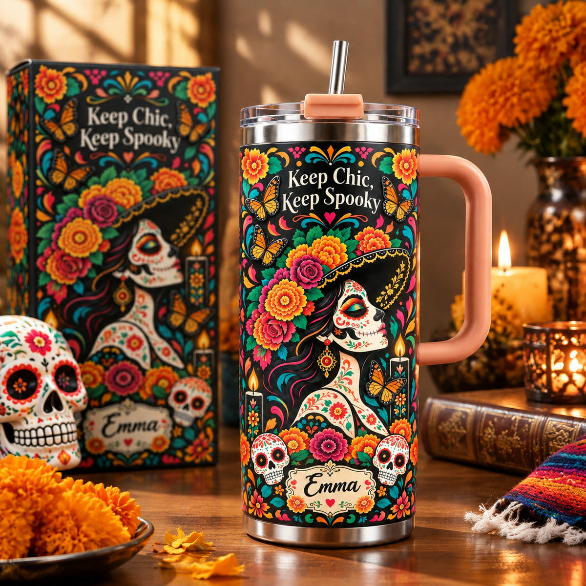 💀Custom Name Day of the Dead Tumbler 🦋 Spooky Chic Stainless Steel Mug