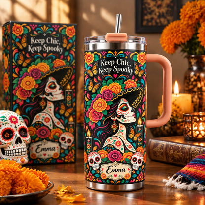 💀Custom Name Day of the Dead Tumbler 🦋 Spooky Chic Stainless Steel Mug