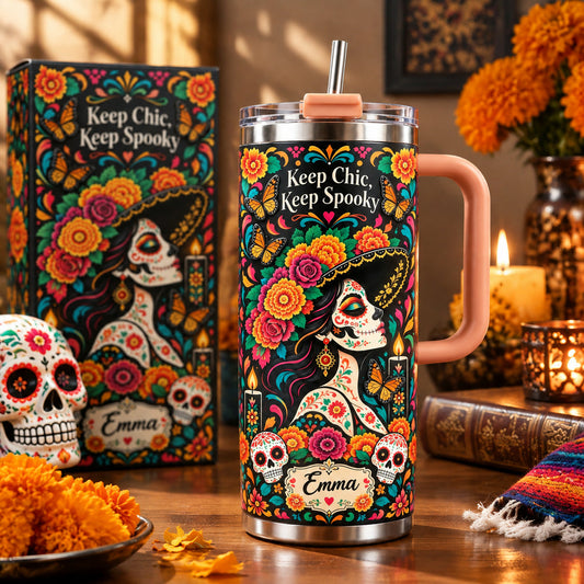 💀Custom Name Day of the Dead Tumbler 🦋 Spooky Chic Stainless Steel Mug