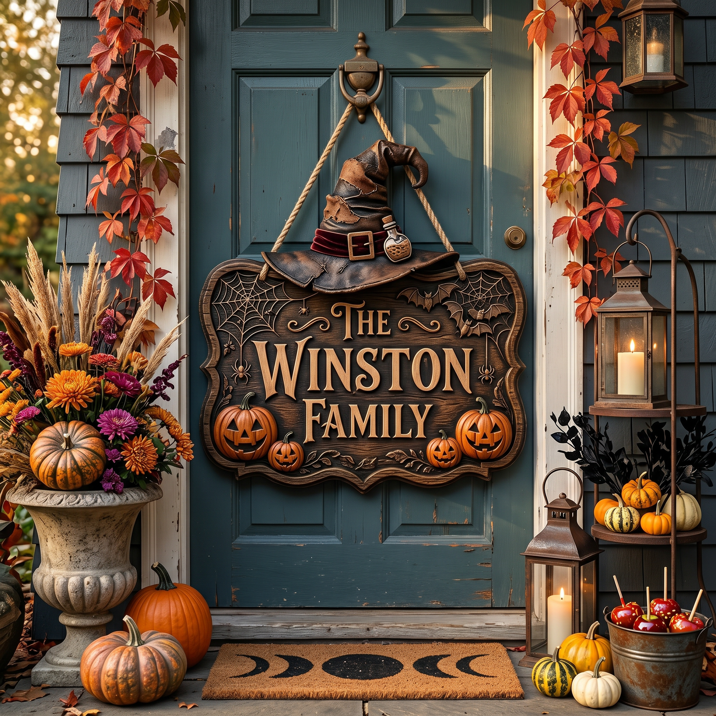 Personalized Halloween Family Name Door Sign with Witch Hat