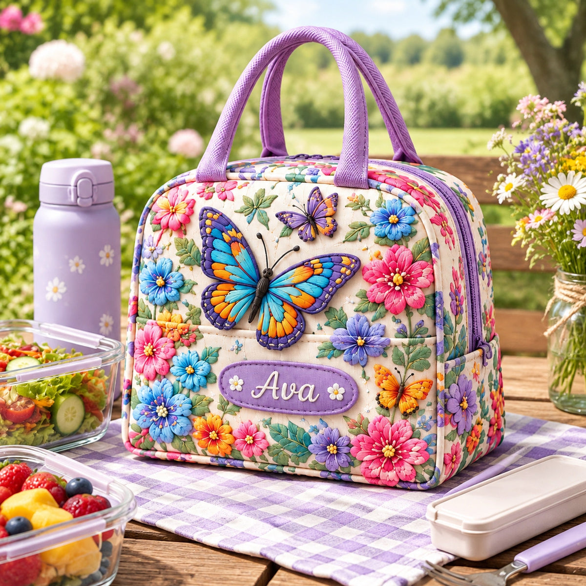 🥪Custom Name Insulated Lunch Bag 🦋 5 Floral Nature Tote Designs