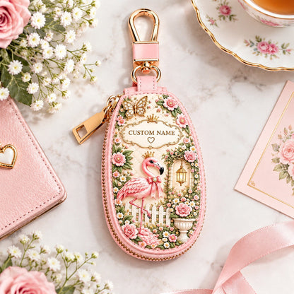 Personalized Flamingo Garden Key Pouch – Custom Name Floral Key Case