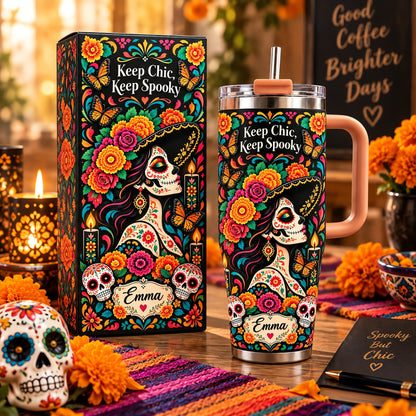 💀Custom Name Day of the Dead Tumbler 🦋 Spooky Chic Stainless Steel Mug