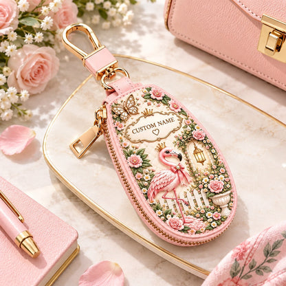 Personalized Flamingo Garden Key Pouch – Custom Name Floral Key Case