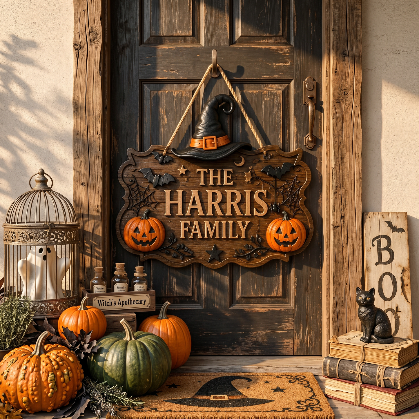 Personalized Halloween Family Name Door Sign with Witch Hat