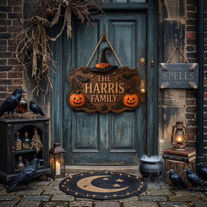 Personalized Halloween Family Name Door Sign with Witch Hat
