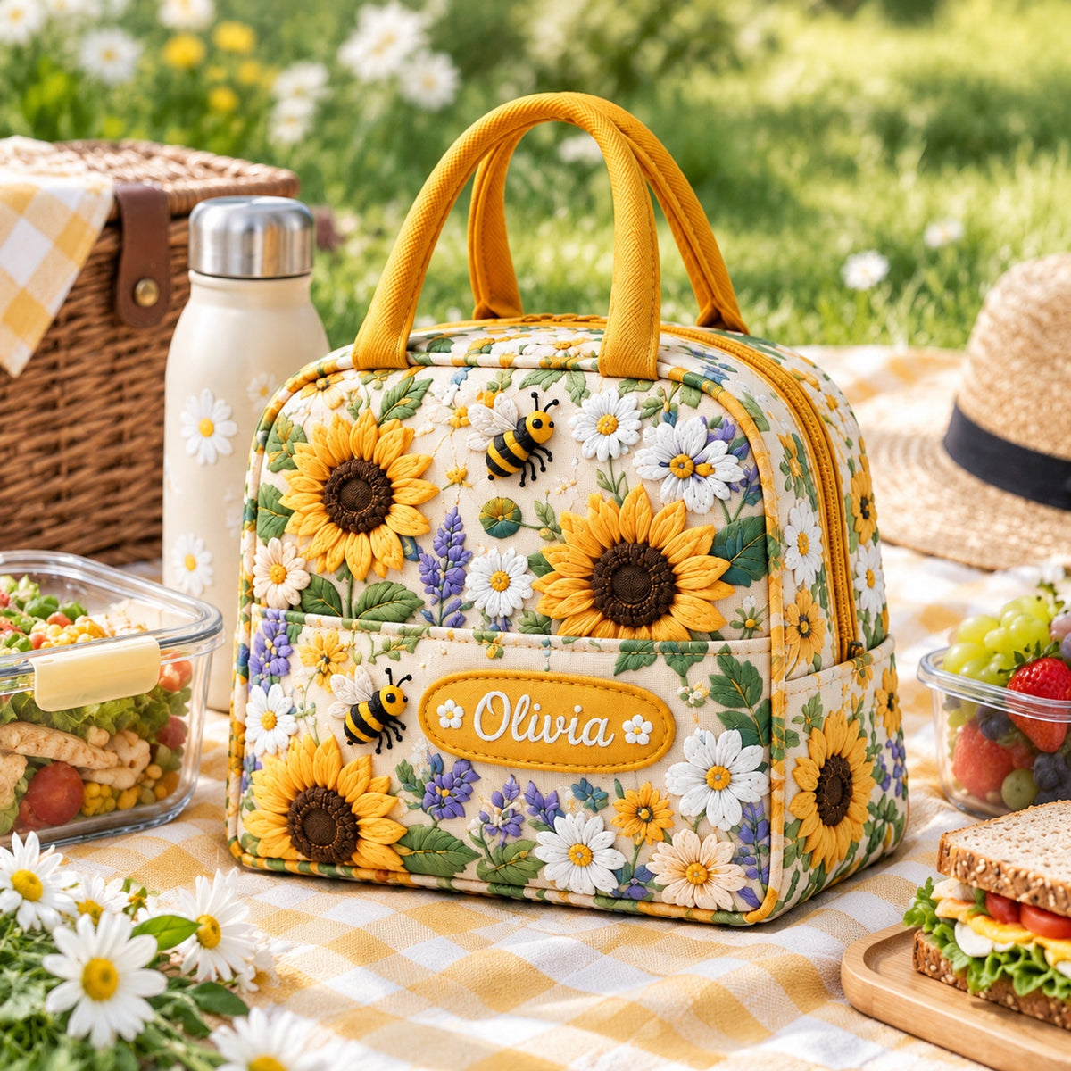 🥪Custom Name Insulated Lunch Bag 🦋 5 Floral Nature Tote Designs