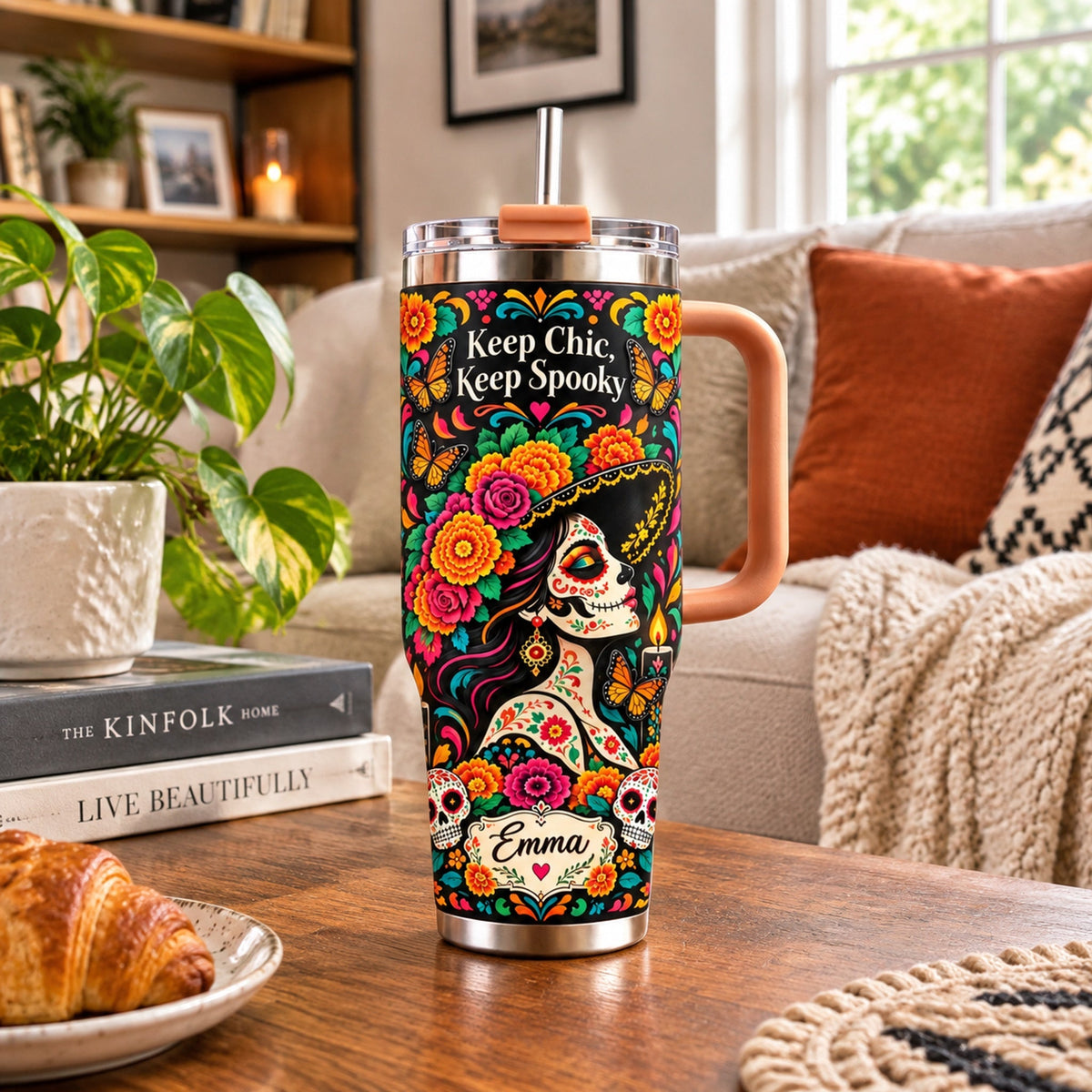 💀Custom Name Day of the Dead Tumbler 🦋 Spooky Chic Stainless Steel Mug