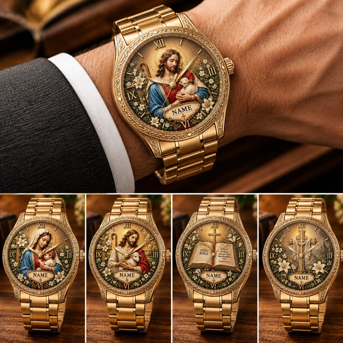 ✝️ Personalized Christian Watch – Custom Name Faith-Inspired Gold Watch