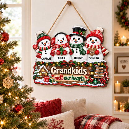 Christmas Snowman Grandkids Melts Our Hearts - Personalized Wood Sign - Christmas Decor, Door Sign For Grandparents