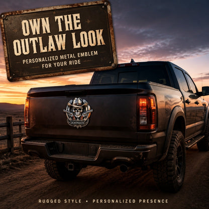 Personalized "Outlaw" Cowboy Skull Metal Emblem | Custom Badge for Truck, Jeep & SUV 🤠💀